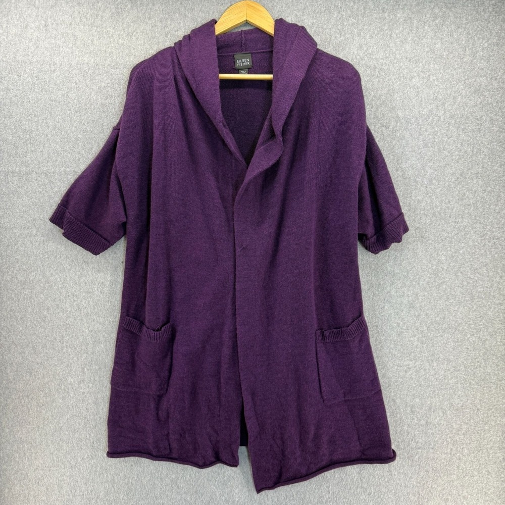 Eileen Fisher Womens Medium Purple Hooded OpenFront Cardigan Sweater Merino Wool